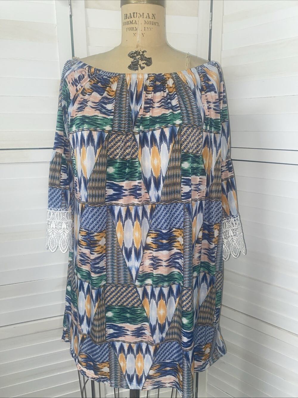 West Loop Off The Shoulder Dress Size XL Slinky Polyester Geometric Retro Vibe